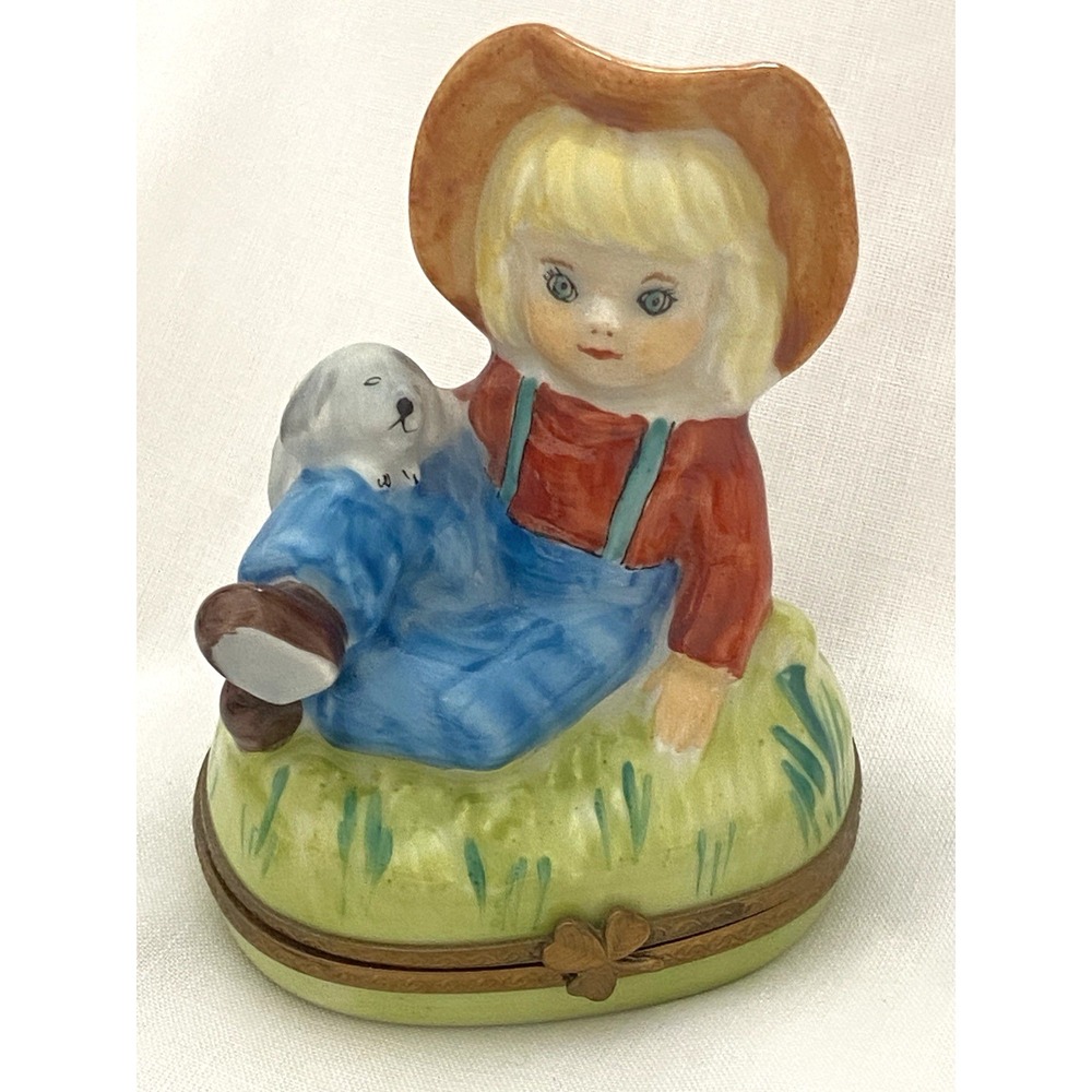 Limoges France ~ Little Girl in Hat Sitting with Puppy ~ Porcelain Trinket Box